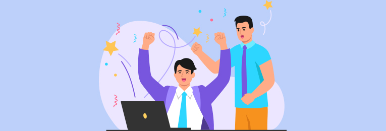 Two individuals are depicted joyfully raising their hands in celebration of success at work in an illustration.